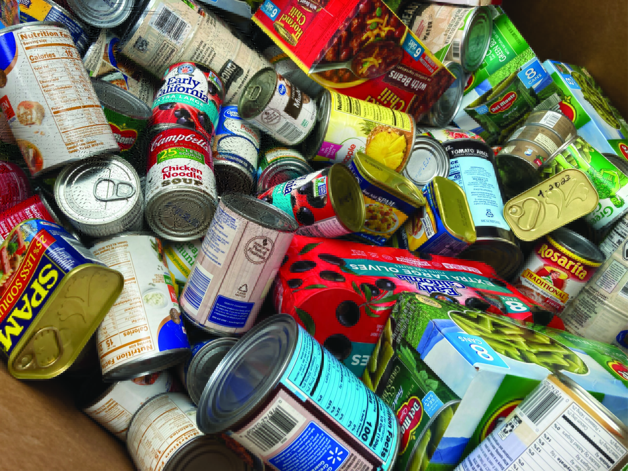 close up on cans of non-perishable food items