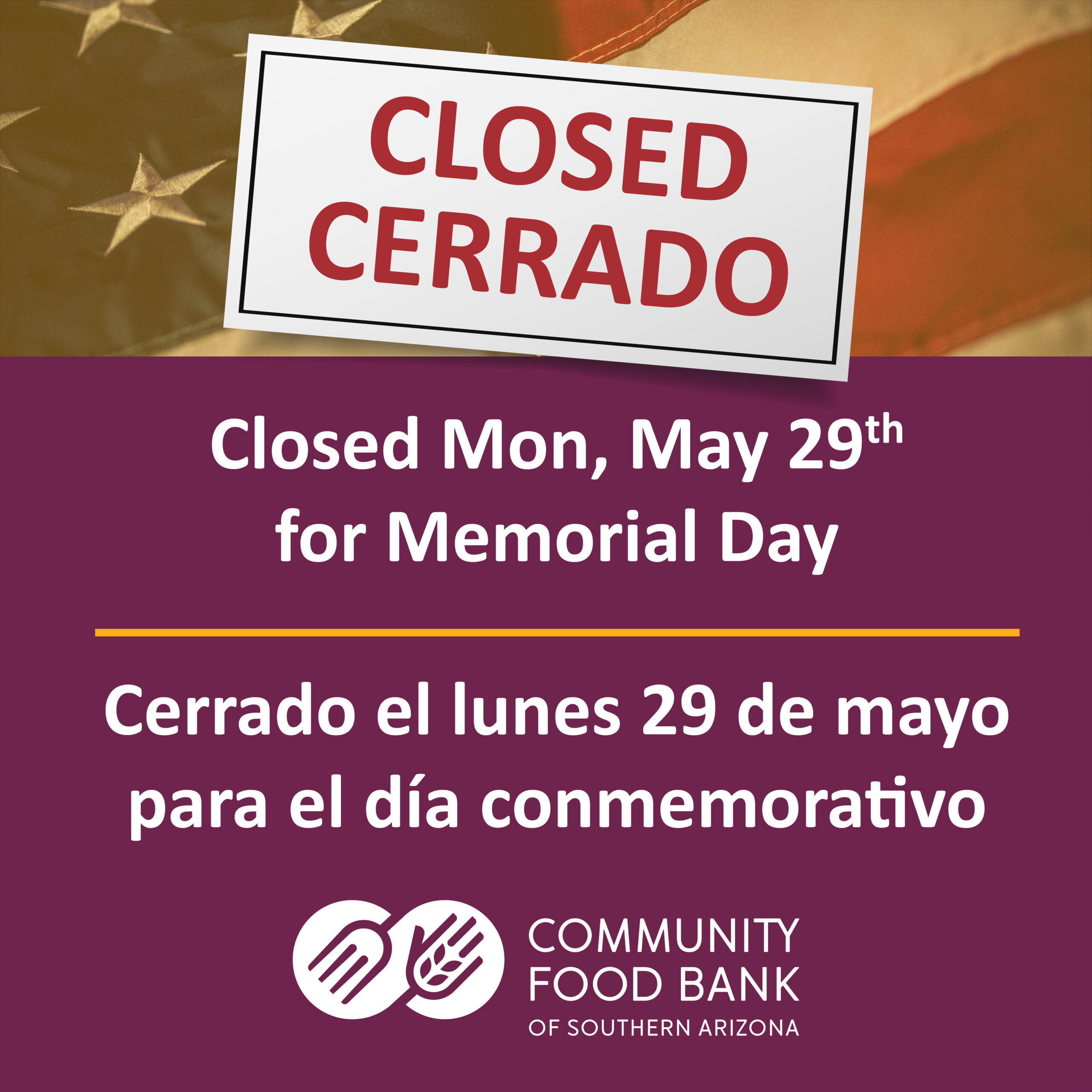 closed Monday May 29th for memorial day. Cerrado el lunes 29 de mayo para el dia conmemorativo