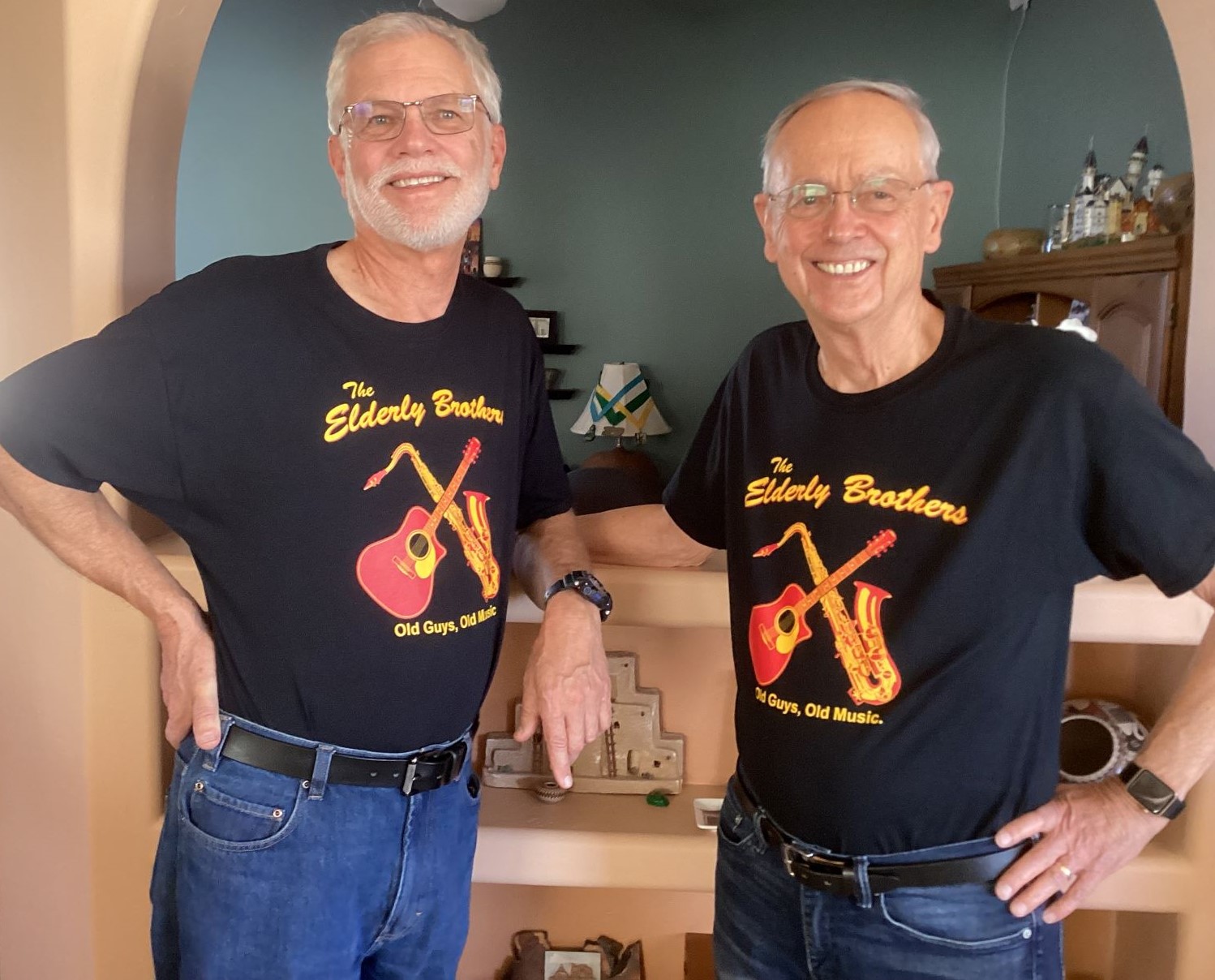 The Elderly Brothers duo sporting new t-shirts