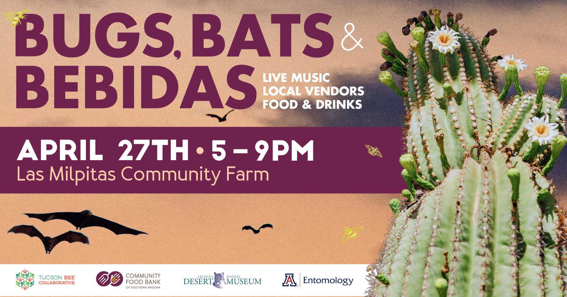 Event banner for Bugs, Bats & Bebidas event at Las Milpitas de Cottonwood Farm